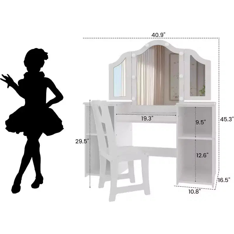 Kids Vanity Table - Princess Dressing Table with Touch Light, Detachable Tri-Folding Mirror, Open Storage Shelves, Wood Makeup Playset with Girls
