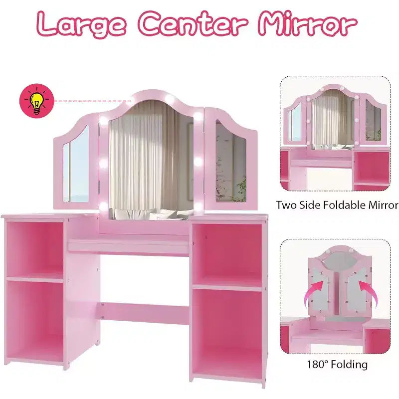 Kids Vanity Table - Princess Dressing Table with Touch Light, Detachable Tri-Folding Mirror, Open Storage Shelves, Wood Makeup Playset with Girls