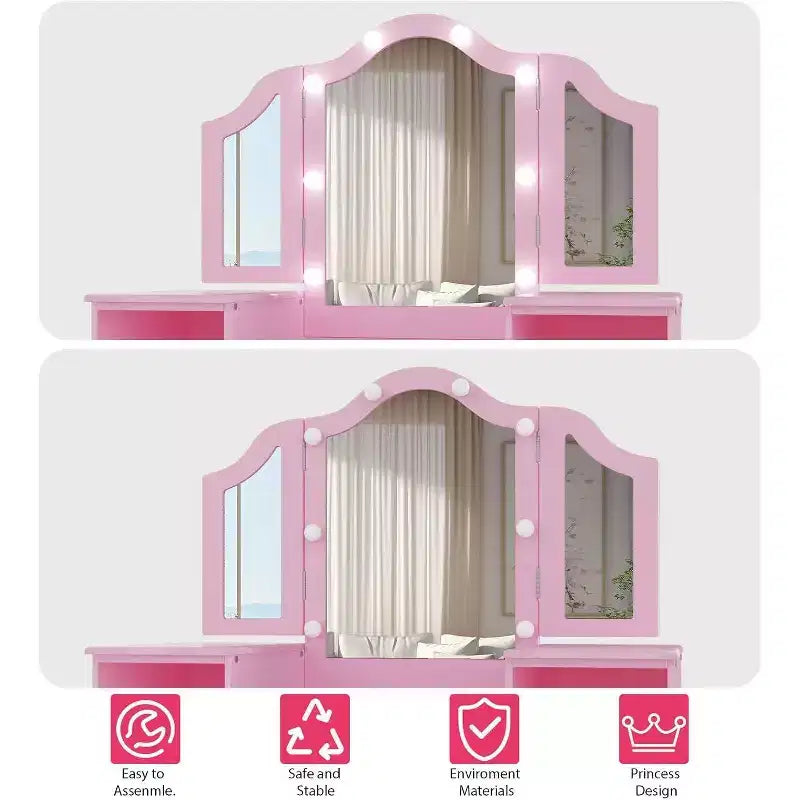 Kids Vanity Table - Princess Dressing Table with Touch Light, Detachable Tri-Folding Mirror, Open Storage Shelves, Wood Makeup Playset with Girls