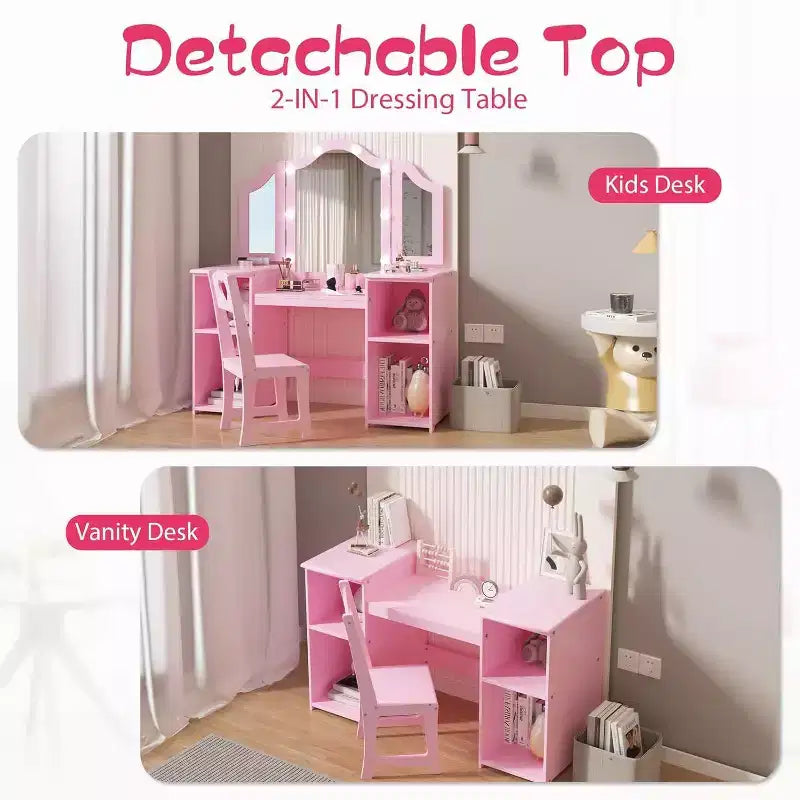 Kids Vanity Table - Princess Dressing Table with Touch Light, Detachable Tri-Folding Mirror, Open Storage Shelves, Wood Makeup Playset with Girls