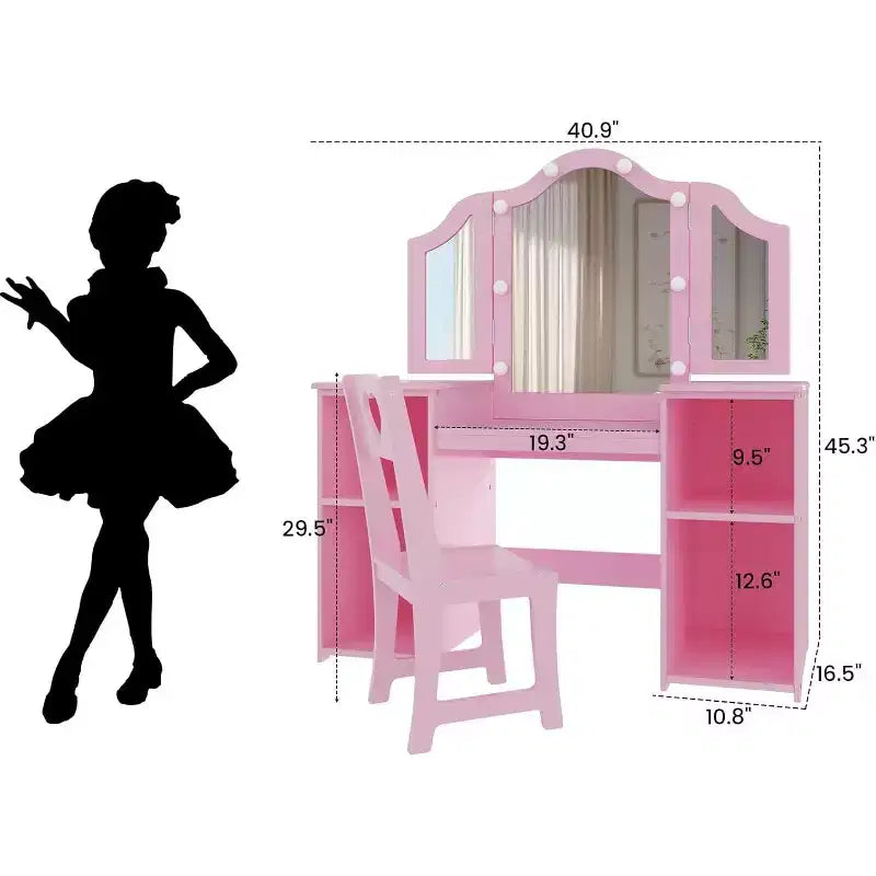 Kids Vanity Table - Princess Dressing Table with Touch Light, Detachable Tri-Folding Mirror, Open Storage Shelves, Wood Makeup Playset with Girls