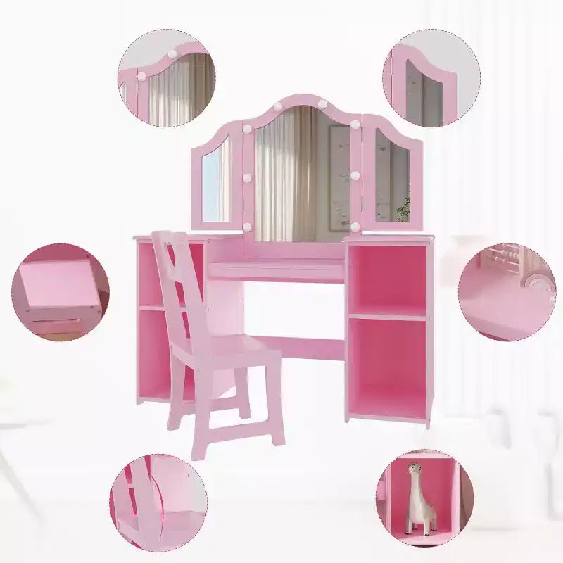 Kids Vanity Table - Princess Dressing Table with Touch Light, Detachable Tri-Folding Mirror, Open Storage Shelves, Wood Makeup Playset with Girls
