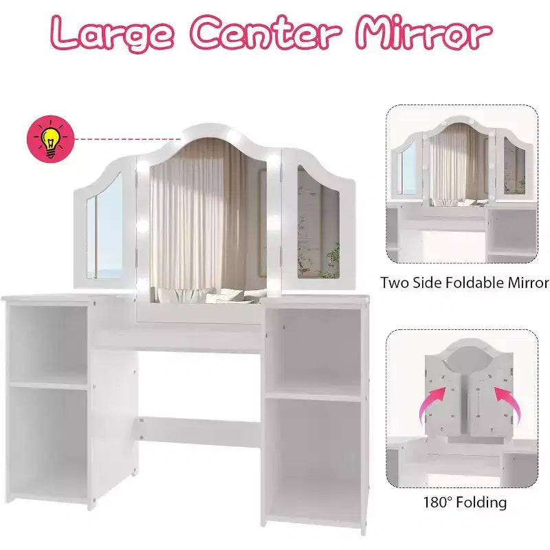 Kids Vanity Table - Princess Dressing Table with Touch Light, Detachable Tri-Folding Mirror, Open Storage Shelves, Wood Makeup Playset with Girls