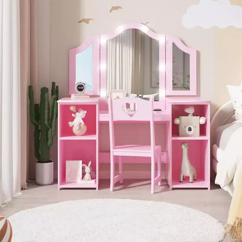 Kids Vanity Table - Princess Dressing Table with Touch Light, Detachable Tri-Folding Mirror, Open Storage Shelves, Wood Makeup Playset with Girls