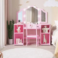 Kids Vanity Table - Princess Dressing Table with Touch Light, Detachable Tri-Folding Mirror, Open Storage Shelves, Wood Makeup Playset with Girls