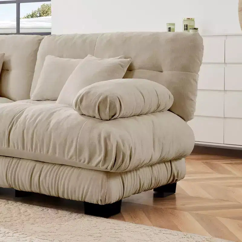 Canapé d'angle 4 places pour salon, canapé douillet "nuage" avec pouf convertible en chenille, café clair
