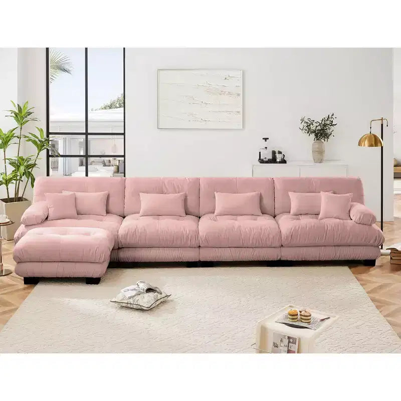 Canapé d'angle 4 places pour salon, canapé douillet "nuage" avec pouf convertible en chenille, café clair