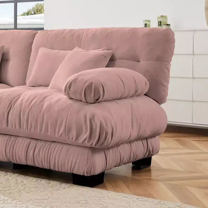 Canapé d'angle 4 places pour salon, canapé douillet "nuage" avec pouf convertible en chenille, café clair