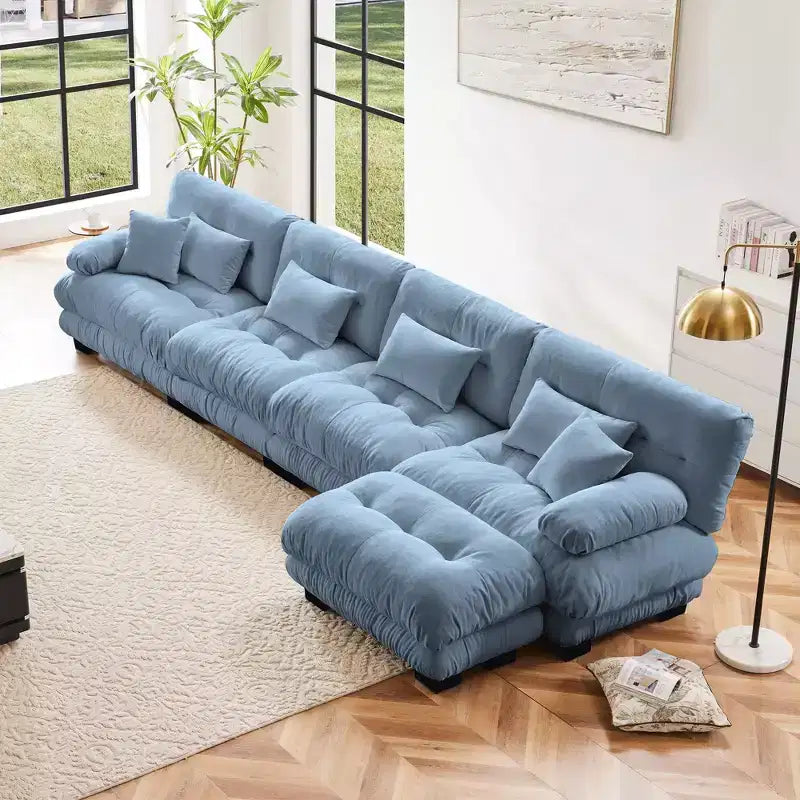 Canapé d'angle 4 places pour salon, canapé douillet "nuage" avec pouf convertible en chenille, café clair