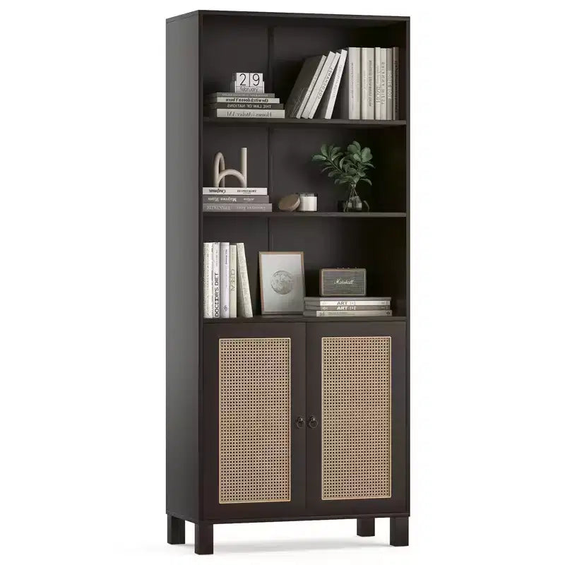 PexFix 5 Shelf Bookshelf with Rattan Doors White Tall Bookcase Display Shelves for Home Office Bedroom