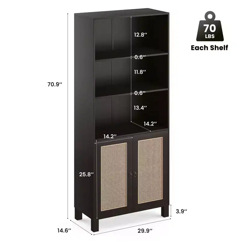 Bibliothèque PexFix à 5 étagères avec portes en rotin, grande étagère de présentation blanche pour bureau à domicile ou chambre à coucher
