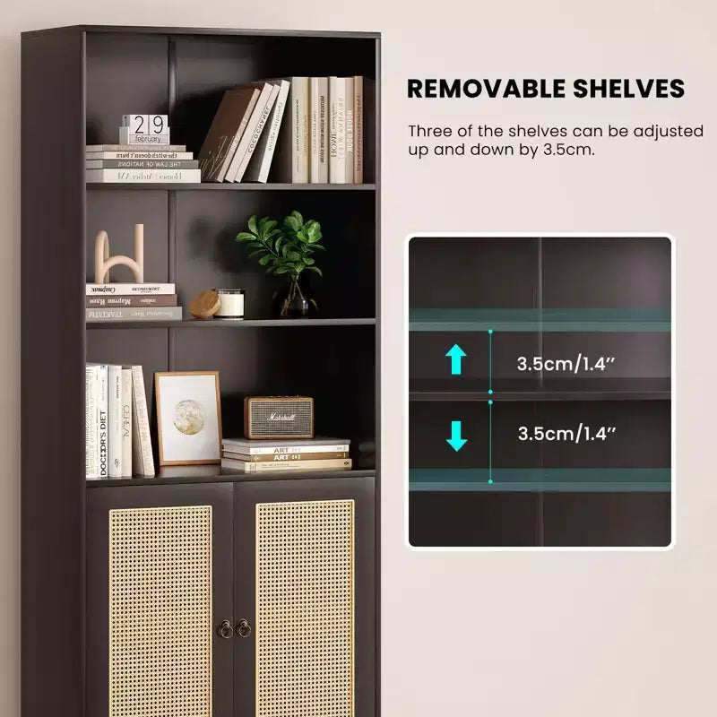 Bibliothèque PexFix à 5 étagères avec portes en rotin, grande étagère de présentation blanche pour bureau à domicile ou chambre à coucher