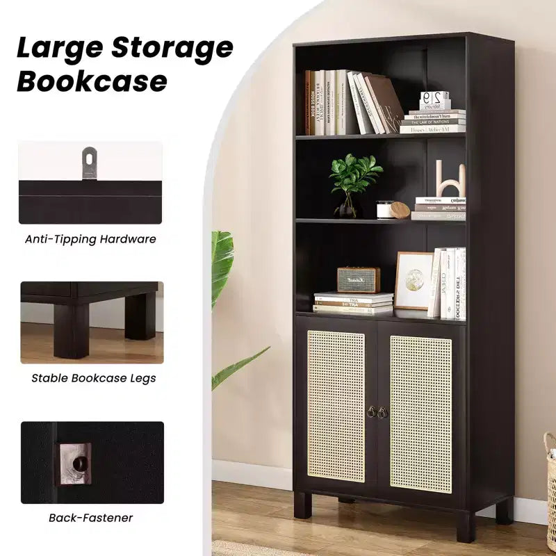 Bibliothèque PexFix à 5 étagères avec portes en rotin, grande étagère de présentation blanche pour bureau à domicile ou chambre à coucher