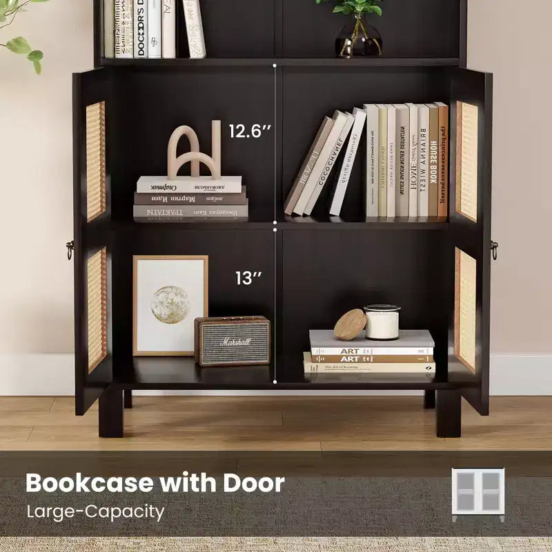 Bibliothèque PexFix à 5 étagères avec portes en rotin, grande étagère de présentation blanche pour bureau à domicile ou chambre à coucher