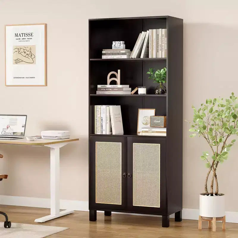 Bibliothèque PexFix à 5 étagères avec portes en rotin, grande étagère de présentation blanche pour bureau à domicile ou chambre à coucher