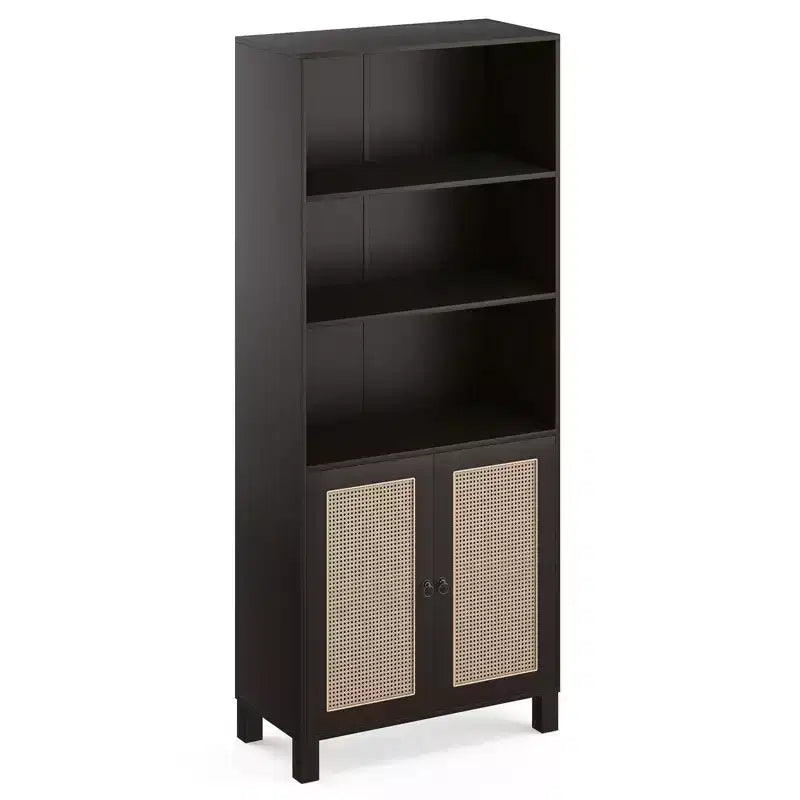 Bibliothèque PexFix à 5 étagères avec portes en rotin, grande étagère de présentation blanche pour bureau à domicile ou chambre à coucher