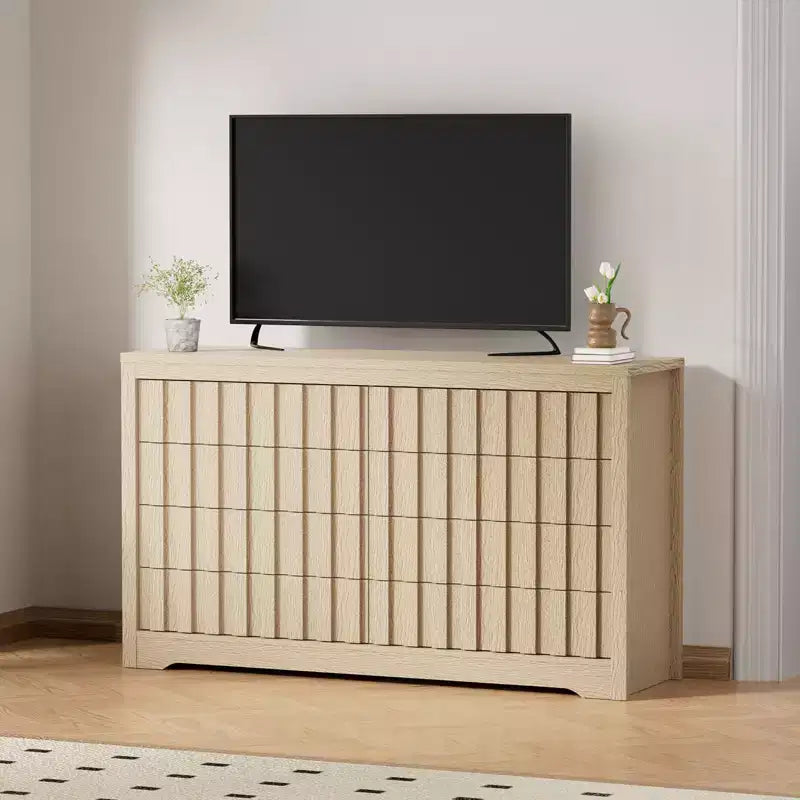 8 Drawer Dresser for Bedroom - Mid Century Modern Chest of Drawers, Wood Tall Nightstand, Striped Fluted Side Table, Enhanced Safety