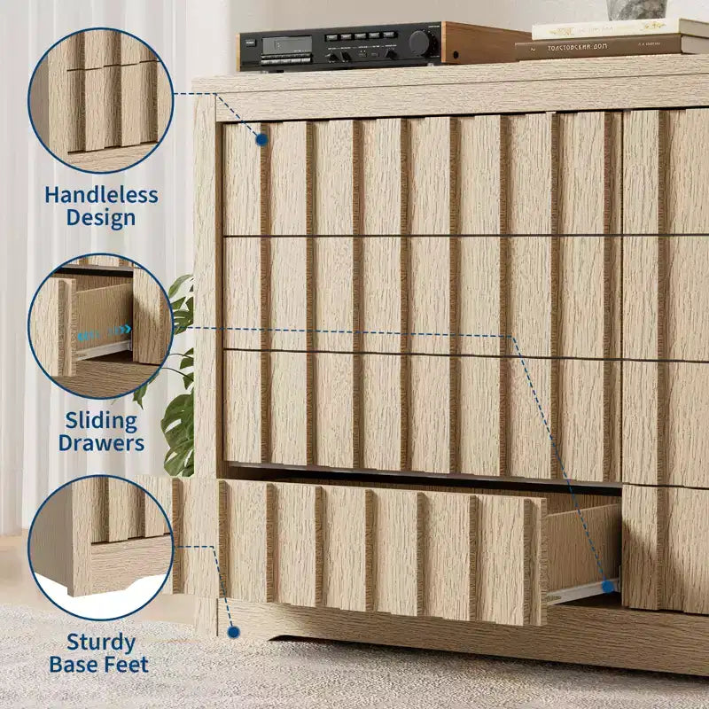 8 Drawer Dresser for Bedroom - Mid Century Modern Chest of Drawers, Wood Tall Nightstand, Striped Fluted Side Table, Enhanced Safety