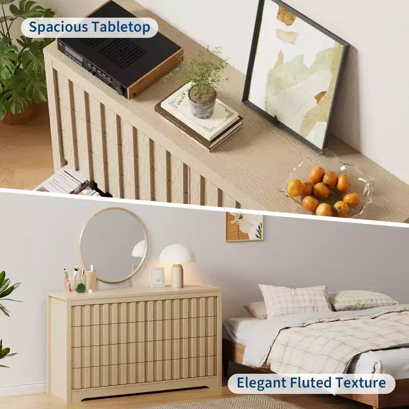 8 Drawer Dresser for Bedroom - Mid Century Modern Chest of Drawers, Wood Tall Nightstand, Striped Fluted Side Table, Enhanced Safety