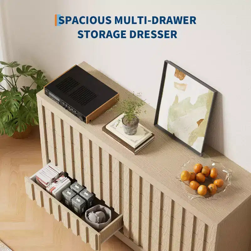 8 Drawer Dresser for Bedroom - Mid Century Modern Chest of Drawers, Wood Tall Nightstand, Striped Fluted Side Table, Enhanced Safety