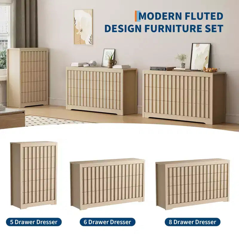 8 Drawer Dresser for Bedroom - Mid Century Modern Chest of Drawers, Wood Tall Nightstand, Striped Fluted Side Table, Enhanced Safety