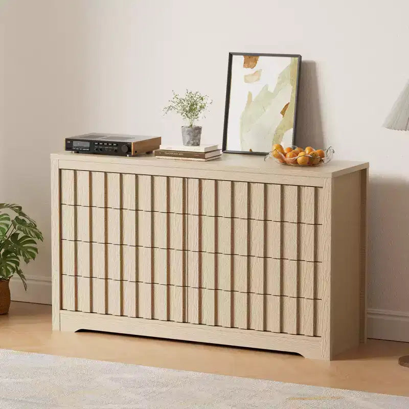 8 Drawer Dresser for Bedroom - Mid Century Modern Chest of Drawers, Wood Tall Nightstand, Striped Fluted Side Table, Enhanced Safety