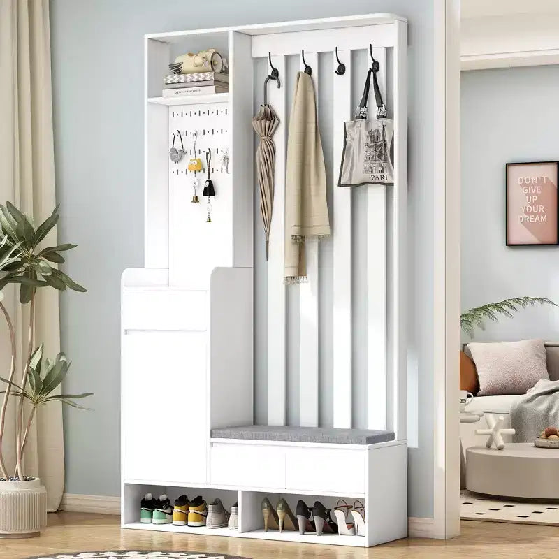 CLIHOME Contemporary Hall Tree Storage with Cushioned Storage Bench, Multifunctional Hallway Shoe Cabinet with Pegboard & 4 Hooks