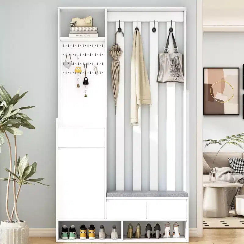 CLIHOME Contemporary Hall Tree Storage with Cushioned Storage Bench, Multifunctional Hallway Shoe Cabinet with Pegboard & 4 Hooks