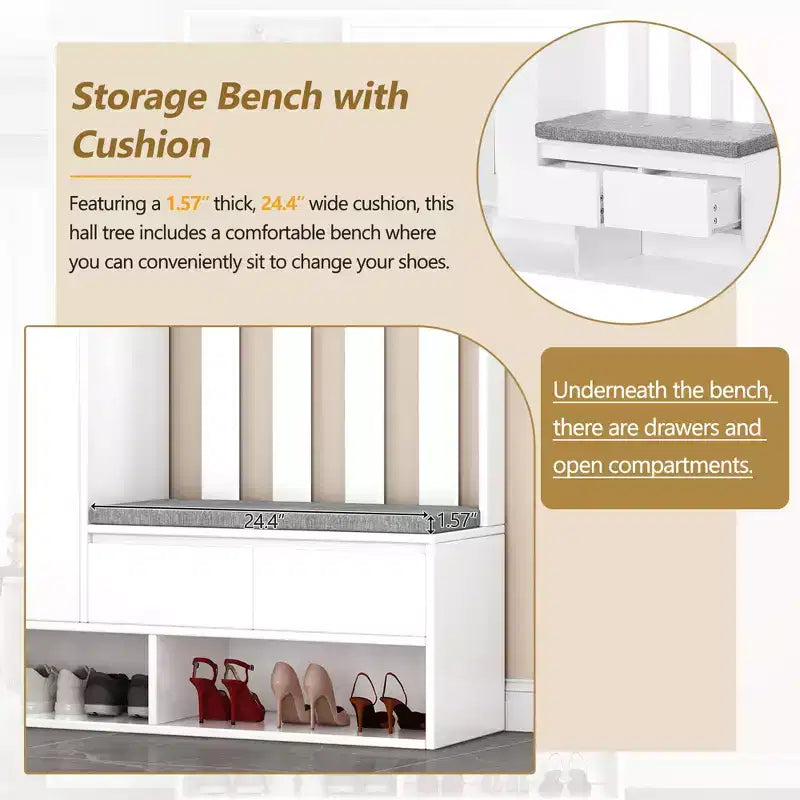 CLIHOME Contemporary Hall Tree Storage with Cushioned Storage Bench, Multifunctional Hallway Shoe Cabinet with Pegboard & 4 Hooks