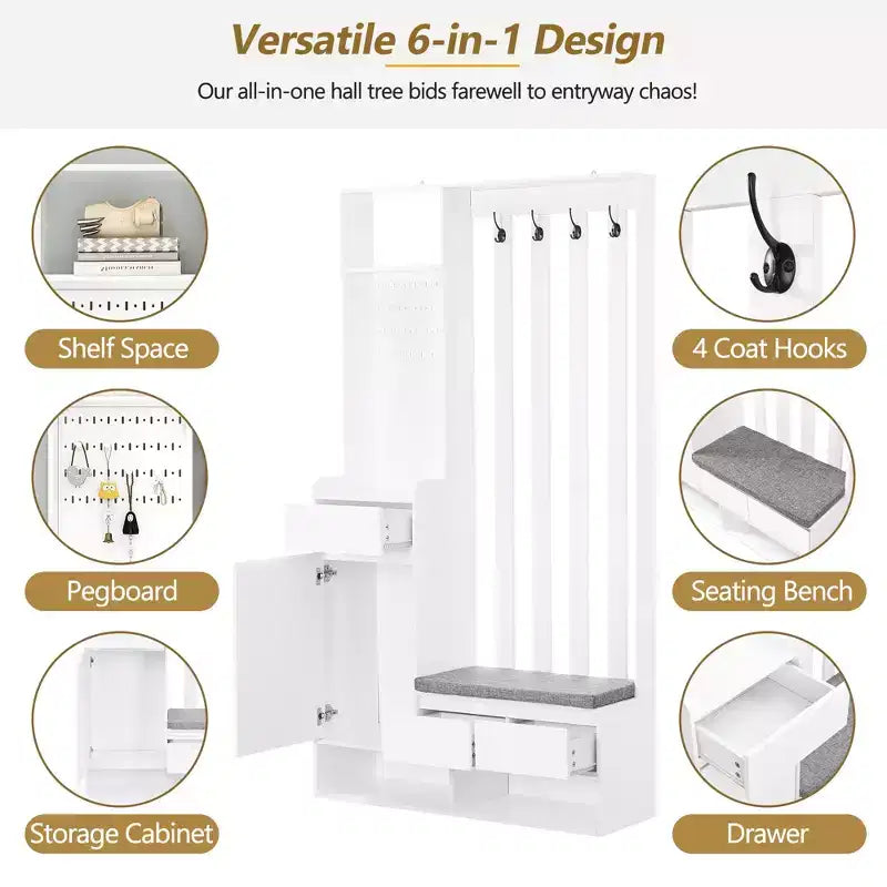 CLIHOME Contemporary Hall Tree Storage with Cushioned Storage Bench, Multifunctional Hallway Shoe Cabinet with Pegboard & 4 Hooks