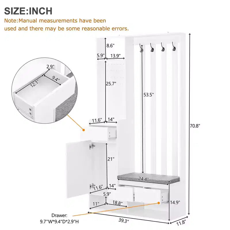 CLIHOME Contemporary Hall Tree Storage with Cushioned Storage Bench, Multifunctional Hallway Shoe Cabinet with Pegboard & 4 Hooks
