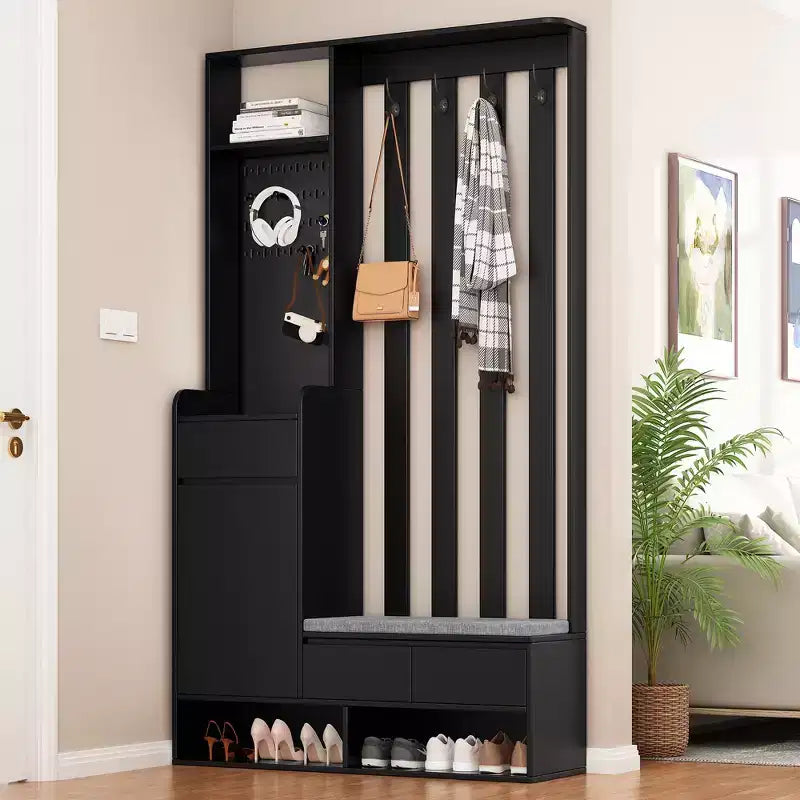 CLIHOME Contemporary Hall Tree Storage with Cushioned Storage Bench, Multifunctional Hallway Shoe Cabinet with Pegboard & 4 Hooks