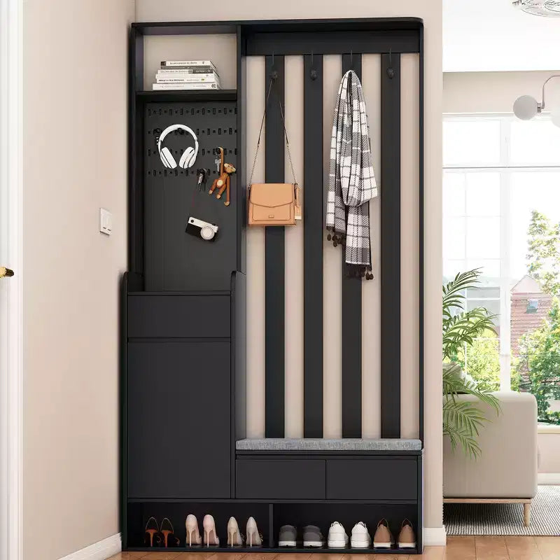 CLIHOME Contemporary Hall Tree Storage with Cushioned Storage Bench, Multifunctional Hallway Shoe Cabinet with Pegboard & 4 Hooks