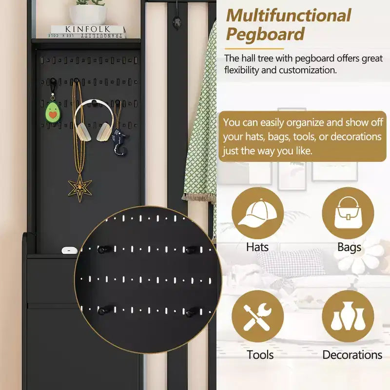 CLIHOME Contemporary Hall Tree Storage with Cushioned Storage Bench, Multifunctional Hallway Shoe Cabinet with Pegboard & 4 Hooks