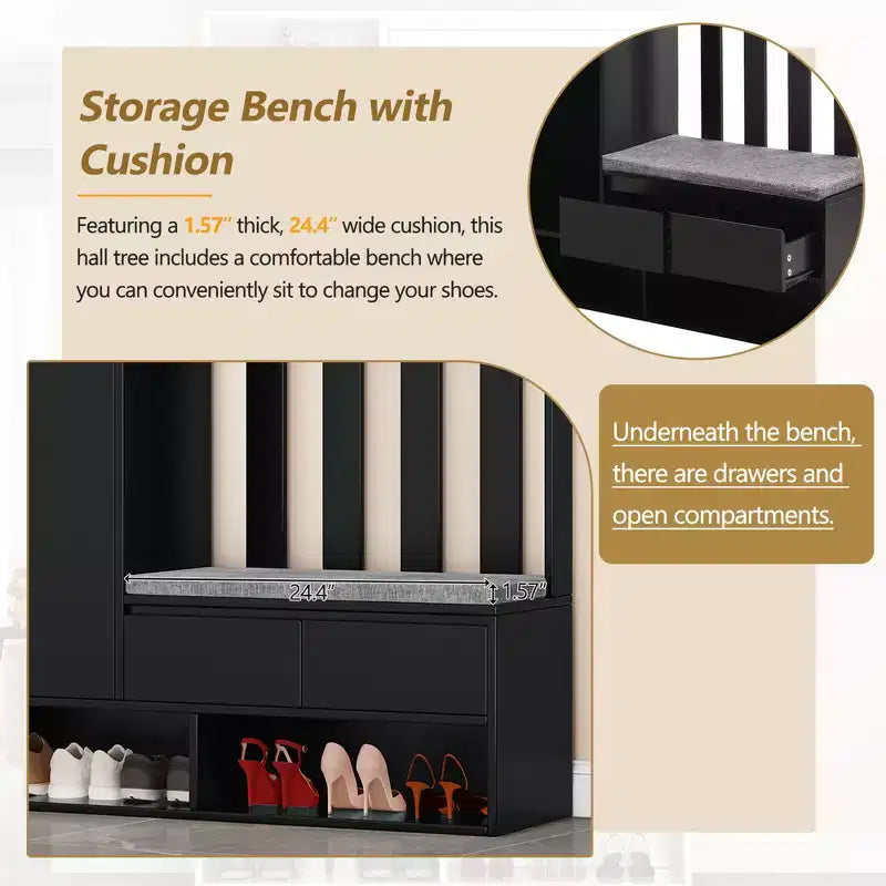 CLIHOME Contemporary Hall Tree Storage with Cushioned Storage Bench, Multifunctional Hallway Shoe Cabinet with Pegboard & 4 Hooks