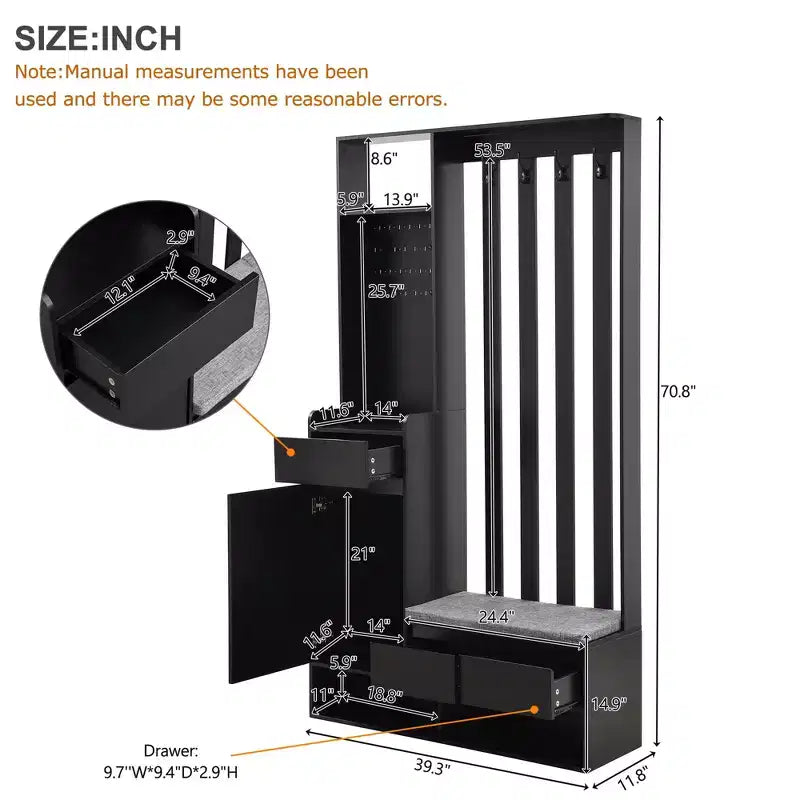 CLIHOME Contemporary Hall Tree Storage with Cushioned Storage Bench, Multifunctional Hallway Shoe Cabinet with Pegboard & 4 Hooks