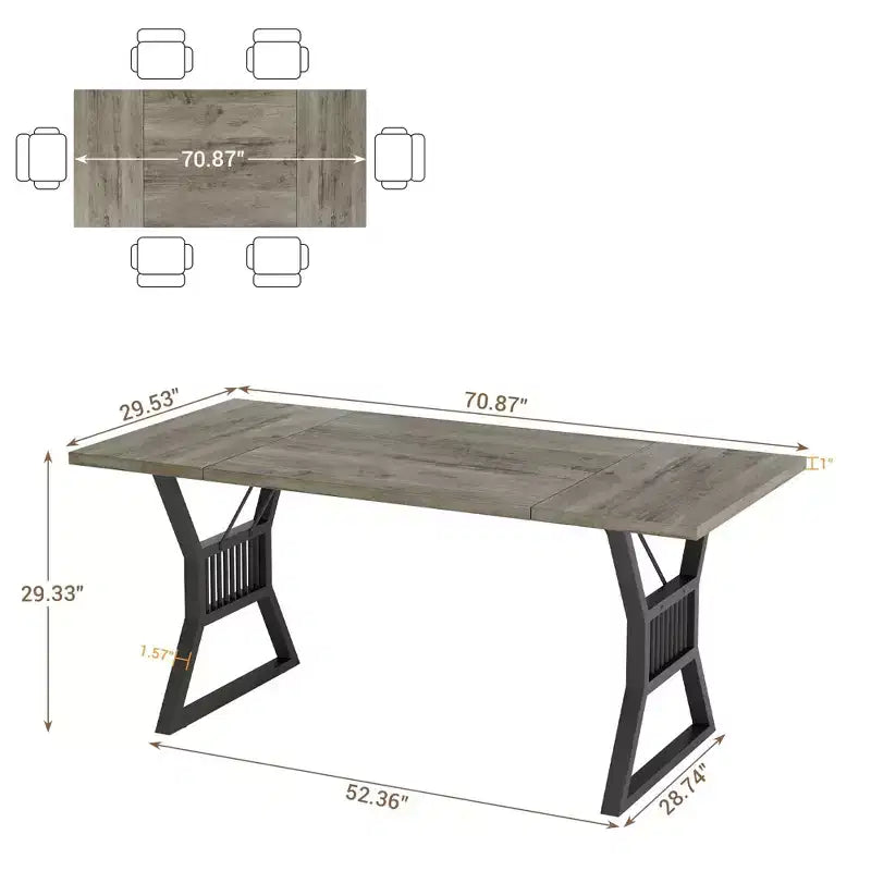 70.8 Farmhouse Dining Table for 68, Rectangular Wood Kitchen Table with Waterproof Top & Metal Legs for Dining Room