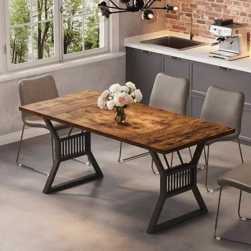 70.8 Farmhouse Dining Table for 68, Rectangular Wood Kitchen Table with Waterproof Top & Metal Legs for Dining Room