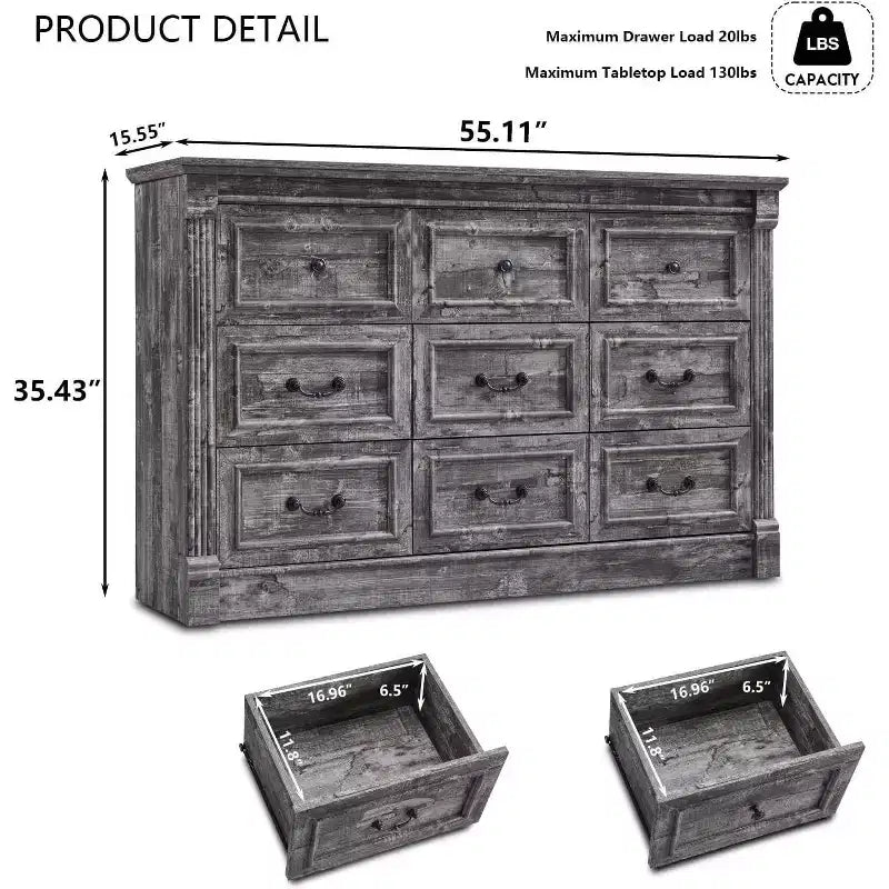 Mastgoal 55 Farmhouse Dresser with 9 Drawers, Large Rustic Wood Closet Storage with Roman Column for Bedroom