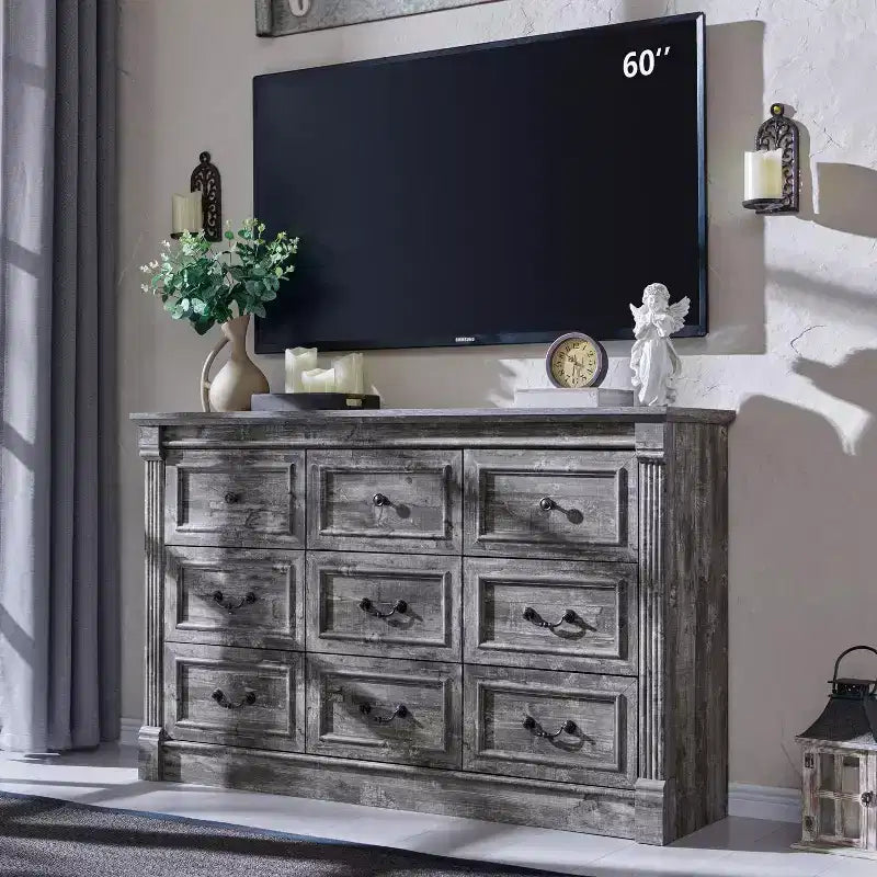 Mastgoal 55 Farmhouse Dresser with 9 Drawers, Large Rustic Wood Closet Storage with Roman Column for Bedroom