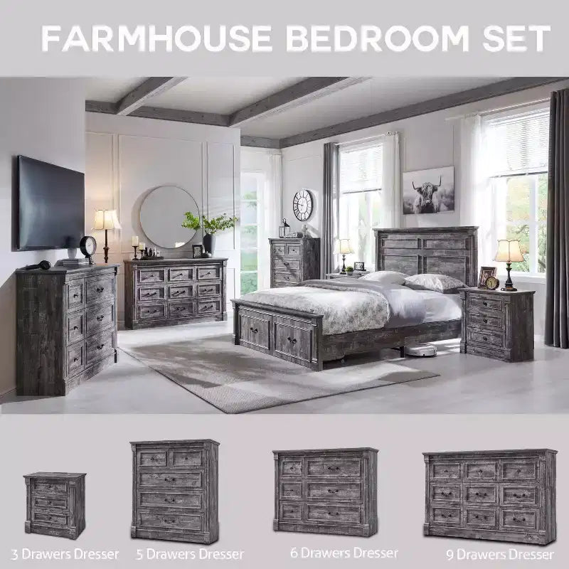 Mastgoal 55 Farmhouse Dresser with 9 Drawers, Large Rustic Wood Closet Storage with Roman Column for Bedroom