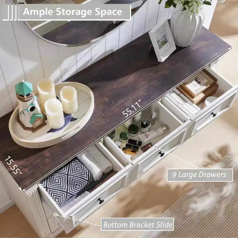 Mastgoal 55 Farmhouse Dresser with 9 Drawers, Large Rustic Wood Closet Storage with Roman Column for Bedroom