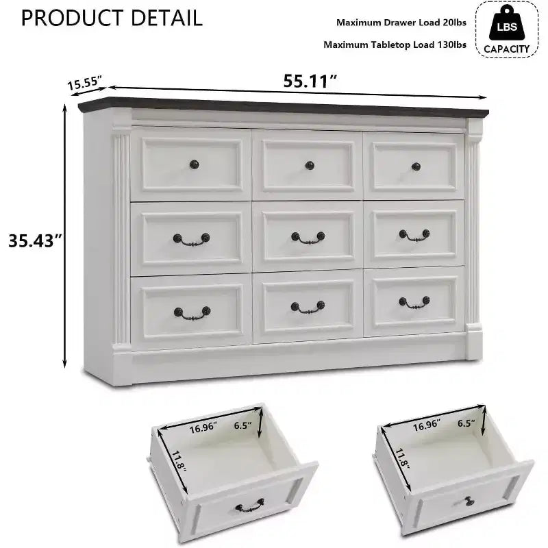 Mastgoal 55 Farmhouse Dresser with 9 Drawers, Large Rustic Wood Closet Storage with Roman Column for Bedroom