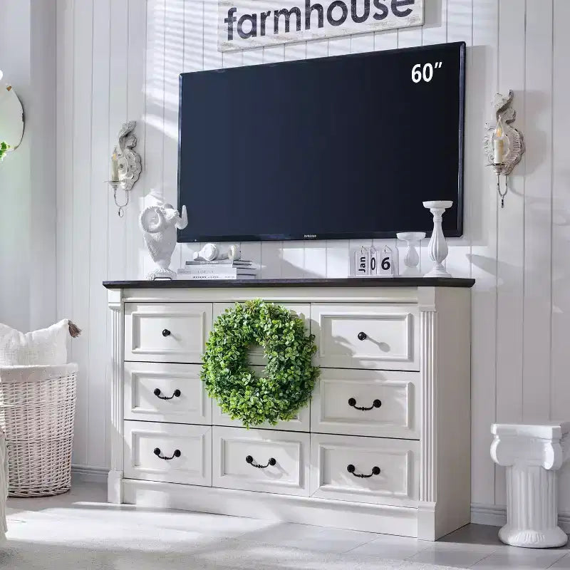 Mastgoal 55 Farmhouse Dresser with 9 Drawers, Large Rustic Wood Closet Storage with Roman Column for Bedroom