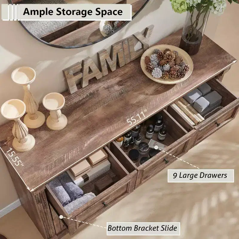 Mastgoal 55 Farmhouse Dresser with 9 Drawers, Large Rustic Wood Closet Storage with Roman Column for Bedroom