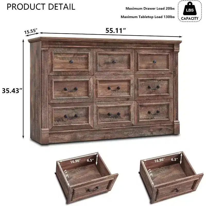 Mastgoal 55 Farmhouse Dresser with 9 Drawers, Large Rustic Wood Closet Storage with Roman Column for Bedroom
