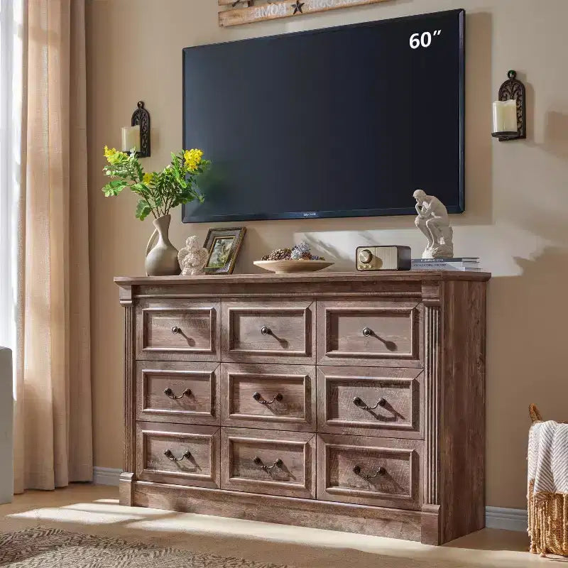 Mastgoal 55 Farmhouse Dresser with 9 Drawers, Large Rustic Wood Closet Storage with Roman Column for Bedroom