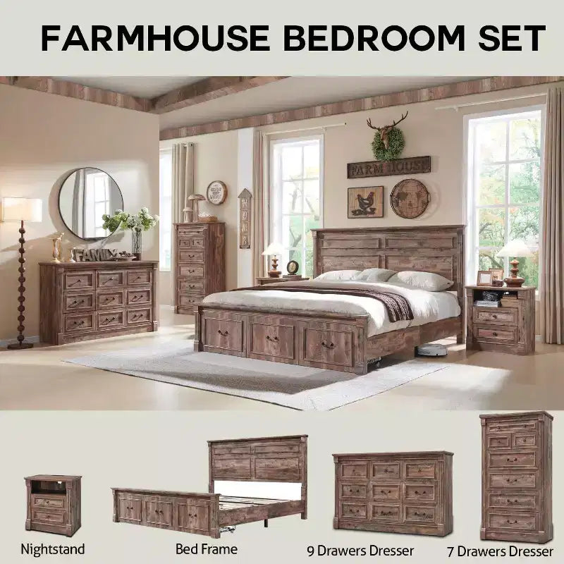 Mastgoal 55 Farmhouse Dresser with 9 Drawers, Large Rustic Wood Closet Storage with Roman Column for Bedroom