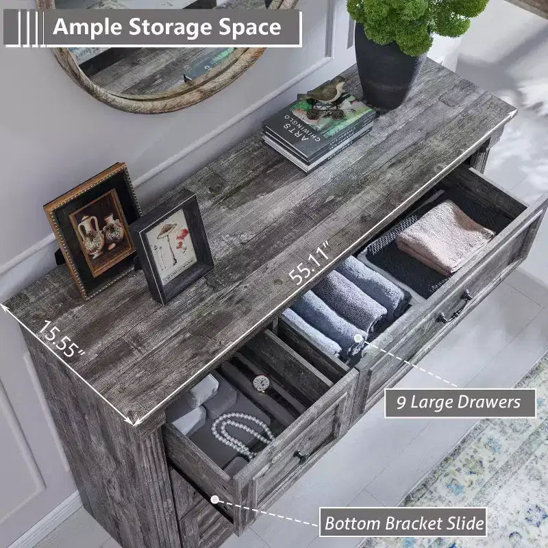 Mastgoal 55 Farmhouse Dresser with 9 Drawers, Large Rustic Wood Closet Storage with Roman Column for Bedroom