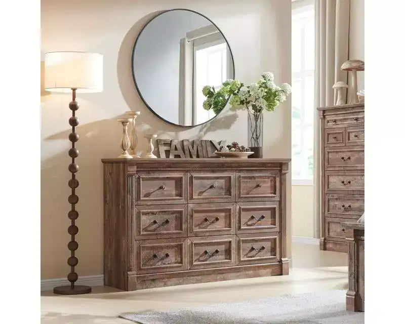 Mastgoal 55 Farmhouse Dresser with 9 Drawers, Large Rustic Wood Closet Storage with Roman Column for Bedroom